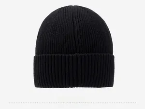 Detail view of the back of a thick black knitted beanie showing warm ribbed texture