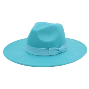 Elegant turquoise wide brim wool felt fedora hat with bow ribbon for women