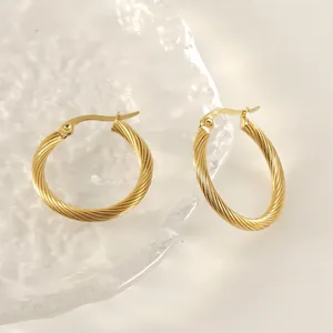 French retro gold twisted rope hoop earrings made of titanium steel on glass