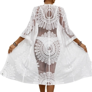 White lace embroidered kimono cardigan beach cover-up with floral crochet back detail