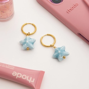 Star-shaped blue ceramic and 18K gold plated stainless steel hoops for women