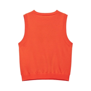 Classic orange argyle knit vest with round neck and ribbed trim for women layering