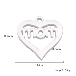 Polished stainless steel heart MOM pendant showing dimensions 16.2mm by 15.8mm