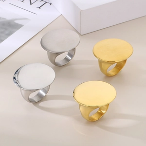 Polished and brushed 18k gold plated stainless steel large round disk rings in set