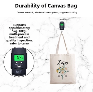 Heavy duty canvas tote bag with daisy print showing strong 5-10kg weight capacity test