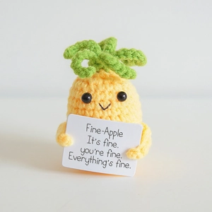 Handmade crochet pineapple doll with creative Fine-Apple encouraging quote card