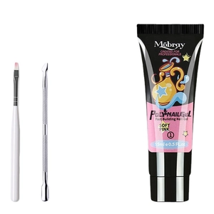 Môbray soft pink poly nail gel kit with dual-ended brush and steel pusher tool set
