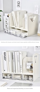 Close-up of a white desktop organizer with three transparent drawers and side handles