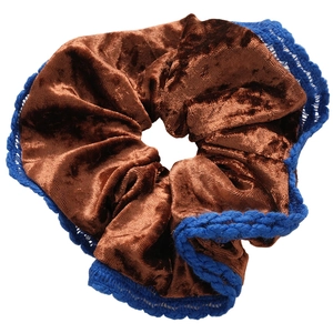 Brown velvet floral scrunchie with blue lace trim for women's hair styling