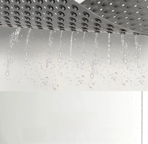 Detail of grey non-slip bath mat showing drainage holes and suction cups on wall