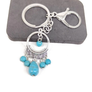 Bohemian turquoise keychain with silver metal rings and vintage tassel pendant for bags