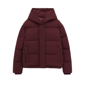 Detail of burgundy hooded puffer jacket featuring windproof design and quilted padding