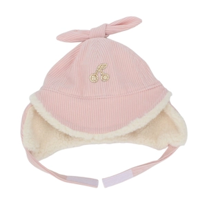 Pink corduroy baby aviator hat detail with soft fleece lining and cherry patch