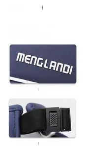Detail of adjustable elastic band and plastic buckle on navy blue sun hat with logo