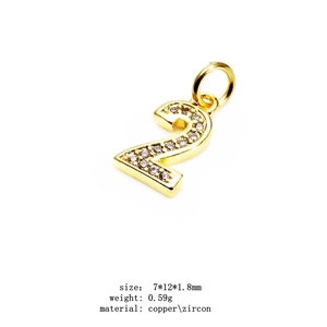 Detail view of 14K gold plated number 2 pendant with zircon inlays and dimensions