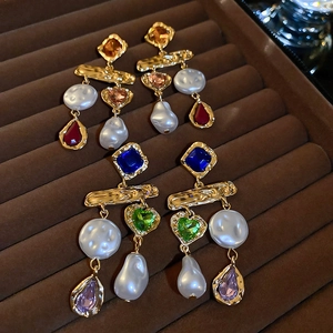 Vintage court style gold earrings with colorful rhinestones and baroque pearls
