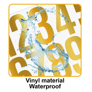 Close-up of waterproof gold vinyl number stickers showing water splash resistance