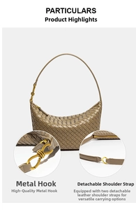 Dettaglio borsa a mezzaluna in pelle intrecciata kaki con gancio a spirale oro