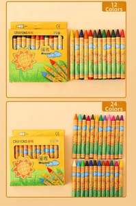 Detail of 12 and 24 color creative cartoon crayons in yellow sunflower packaging