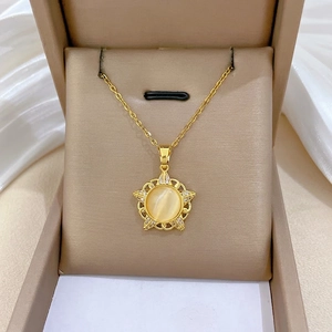 Pendant Necklace Titanium Steel Stainless Steel Copper Zircon Cat Eye Stone Star Sunburst Gold Color Elegant Jewelry Women