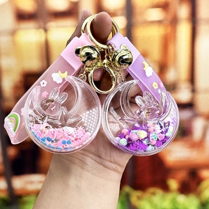 Moon Rabbit Quicksand Keychain Acrylic Liquid Floating Pendant With Silicone Wristlet Bell For Bag Accessories Girls Gift