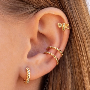18k gold C-shaped ear cuffs set featuring bee and twisted texture designs for women