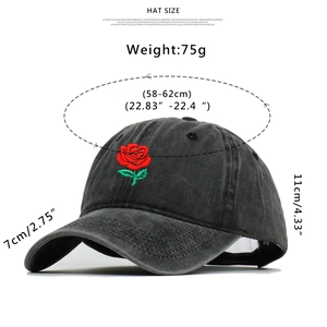 Black washed cotton baseball cap with red rose embroidery and adjustable strap