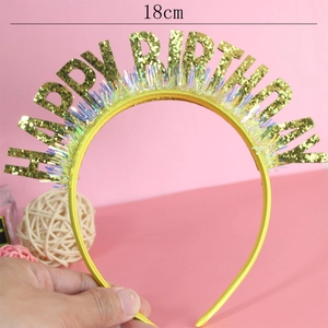 Golden glitter Happy Birthday headband with rainbow tassels and 18cm sizing detail
