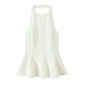 Sleeveless white halter neck top featuring a peplum hem and slim fit minimalist design