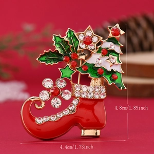 Detailed view of Christmas boot brooch with crystals and exact size measurements