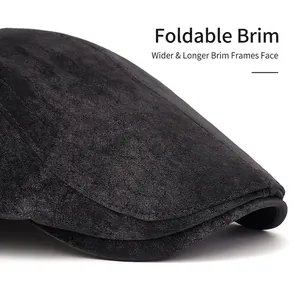 Men's retro grey beret cap with adjustable wide brim and premium suede texture