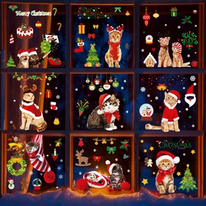 Christmas Window Stickers Static Cling PVC Reusable Cute Cat Patterns Holiday Glass Decals Full Color Printed Decor