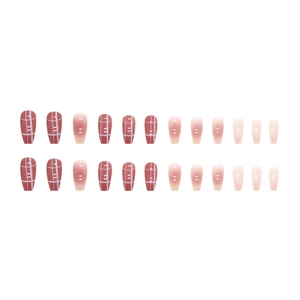 Press-on nail set featuring red-brown plaid, pink gradient, and heart line art designs