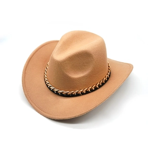 Classic camel western cowboy hat with gold metal chain trim on white background