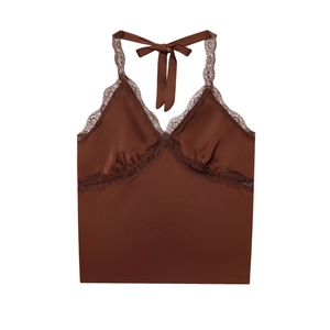 Brown satin halter neck camisole with V-neck lace trim and silky finish on white background