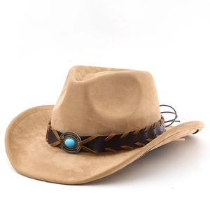 Khaki suede western cowboy hat with brown braided leather band and turquoise stone accent