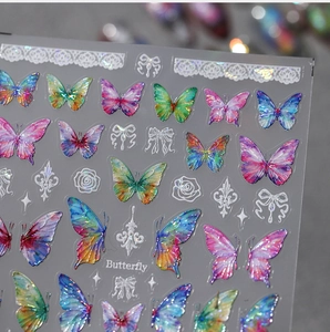 Detailed macro view of 5D embossed colorful laser butterfly nail art stickers with lace