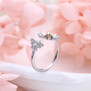 S925 sterling silver open ring with sunflower and bee motifs set with yellow zircon