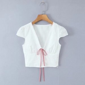 White French vintage V-neck short sleeve top with embroidery and red plaid tie