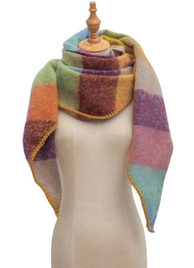 Close-up of colorful plaid scarf fabric texture and yellow stitching on the edge