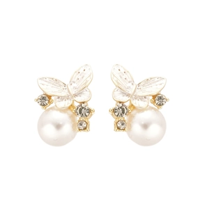 Butterfly pearl earrings with silver needle and diamond accents in gold finish