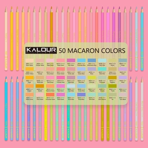 Detailed color chart of 50 macaron colored pencils arranged in a circular layout