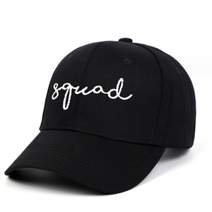 Unisex black cotton baseball cap with white squad embroidery on high-quality fabric
