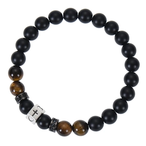 Detail of cross and heart engraved silver bead on 8mm tiger eye and lava stone bracelet
