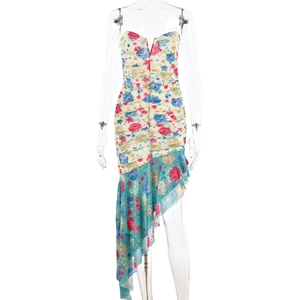 French vintage floral off-shoulder mermaid dress with ruffled irregular hem for women