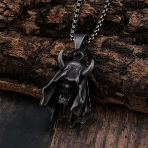Vintage gothic demon skull pendant with hooded mask detail and silver box chain