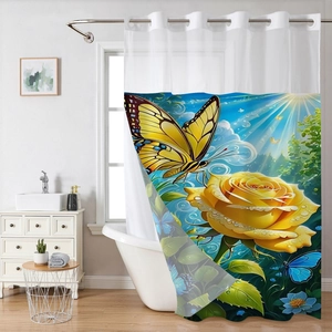 Detail of waterproof waffle fabric shower curtain with yellow rose and butterfly print