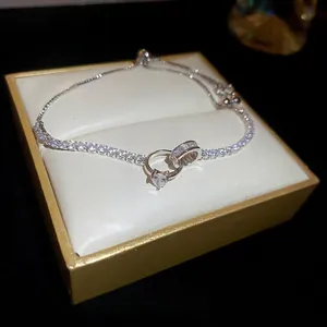 Cubic Zirconia Interlocking Double Ring Bracelet Copper Tennis Chain Adjustable Slider Clasp Elegant Jewelry Women