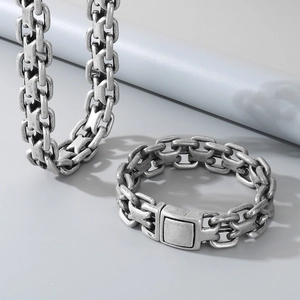 Macro view of vintage silver steel curb chain necklace and bracelet set with retro finish