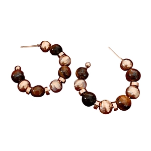 16K gold plated tiger eye stone beaded C-shape earrings in vintage aesthetic style